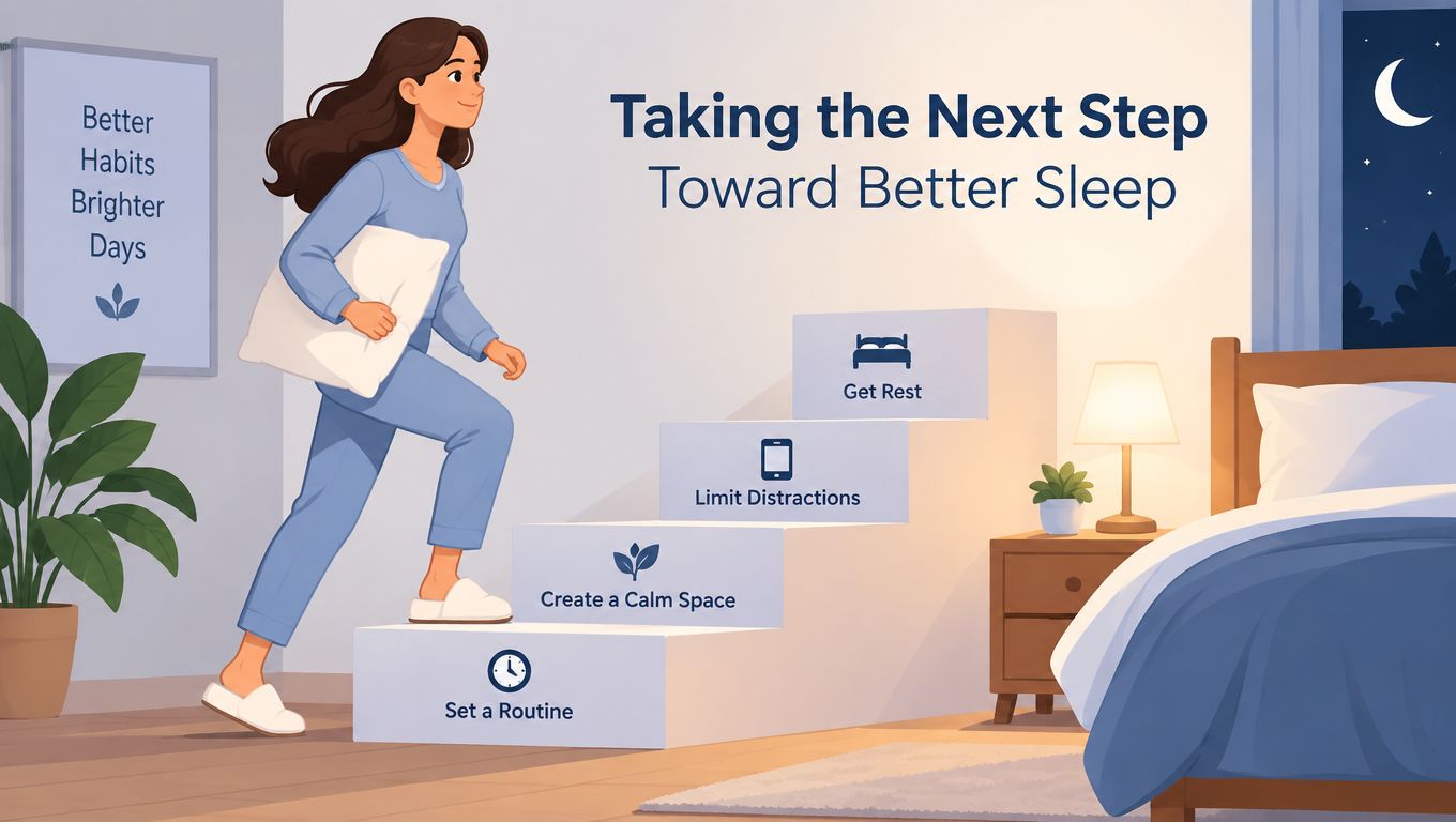 An illustration of a woman walking up steps labeled with healthy habits for better sleep routines.