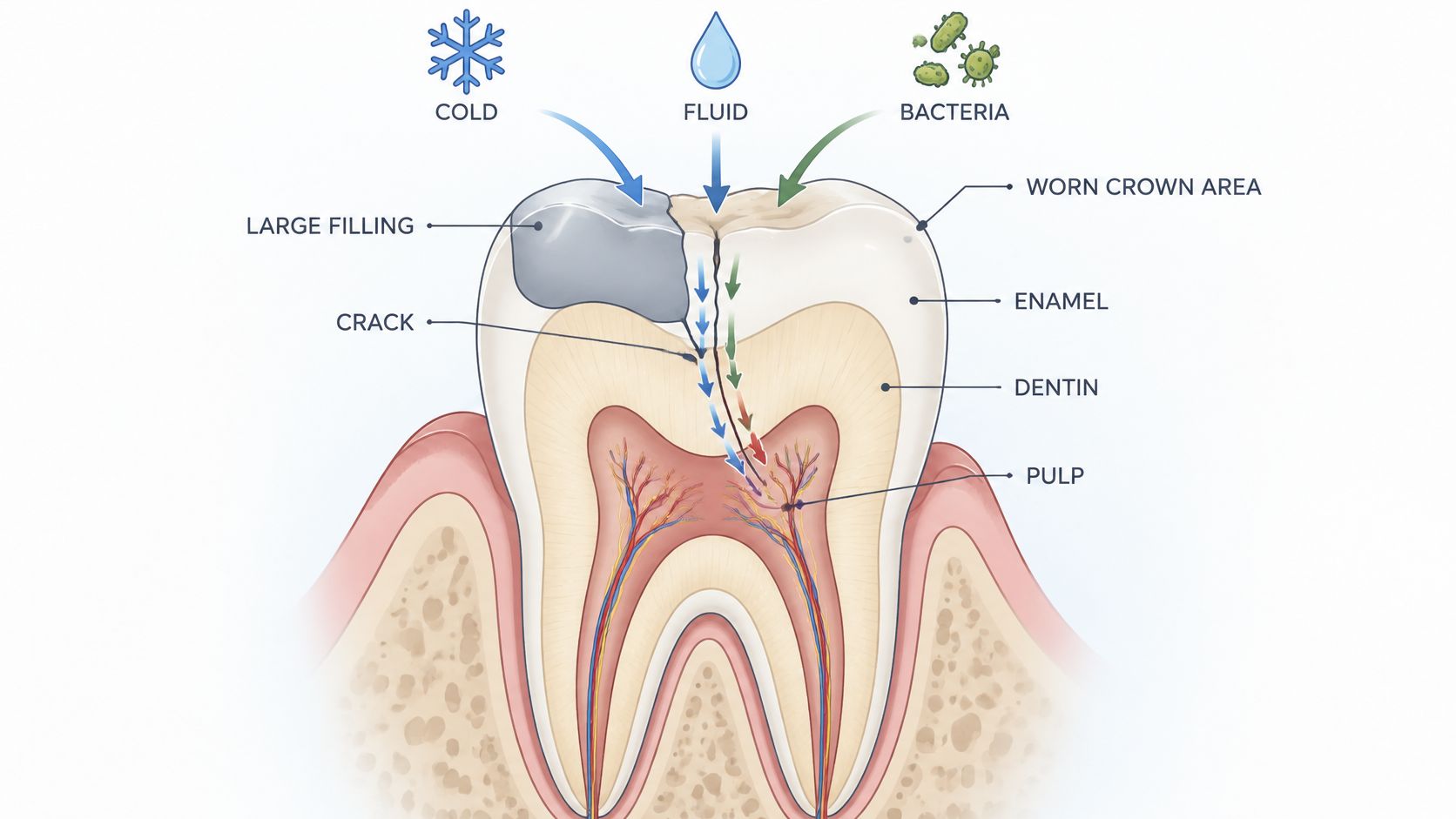A diagram showing how a cracked tooth with a large filling causes sensitivity to cold, fluids, and bacteria.