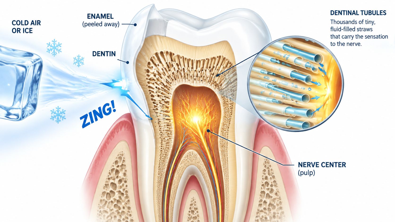 A diagram illustrating tooth sensitivity to cold by showing exposed dentinal tubules leading to the tooth nerve center.