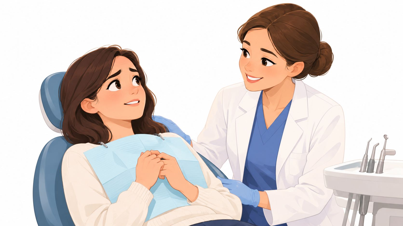 A friendly female dentist providing comfort and reassurance to a patient sitting in the dental exam chair.