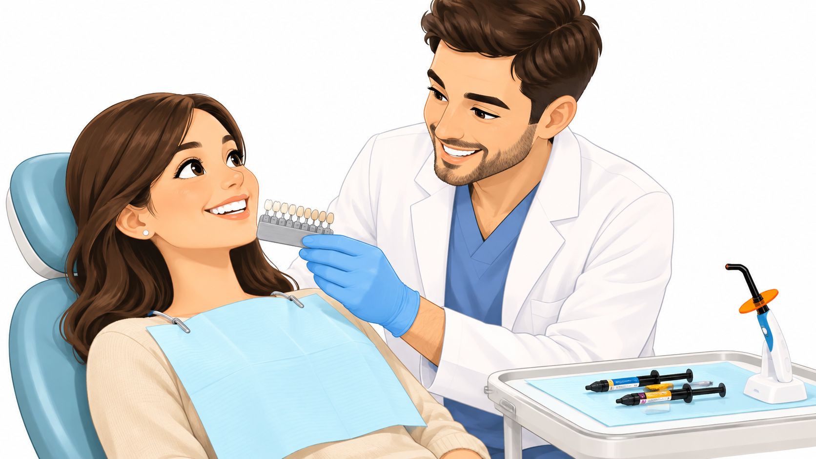 A friendly dentist comparing tooth shades with a patient using a shade guide in a dental office.