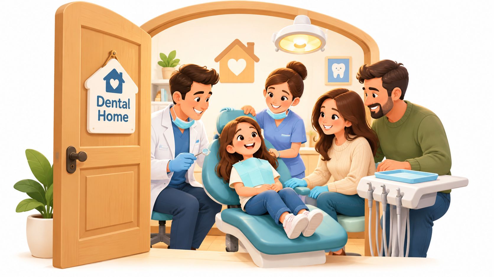 A happy young girl sits in a dental chair with her parents during a family dental visit.