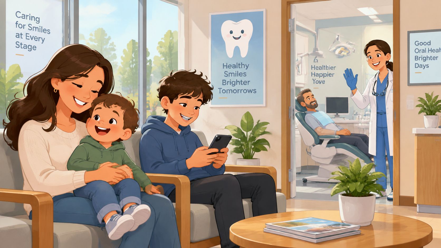 A family waiting in a friendly dental office with a dentist waving at a patient in the background.