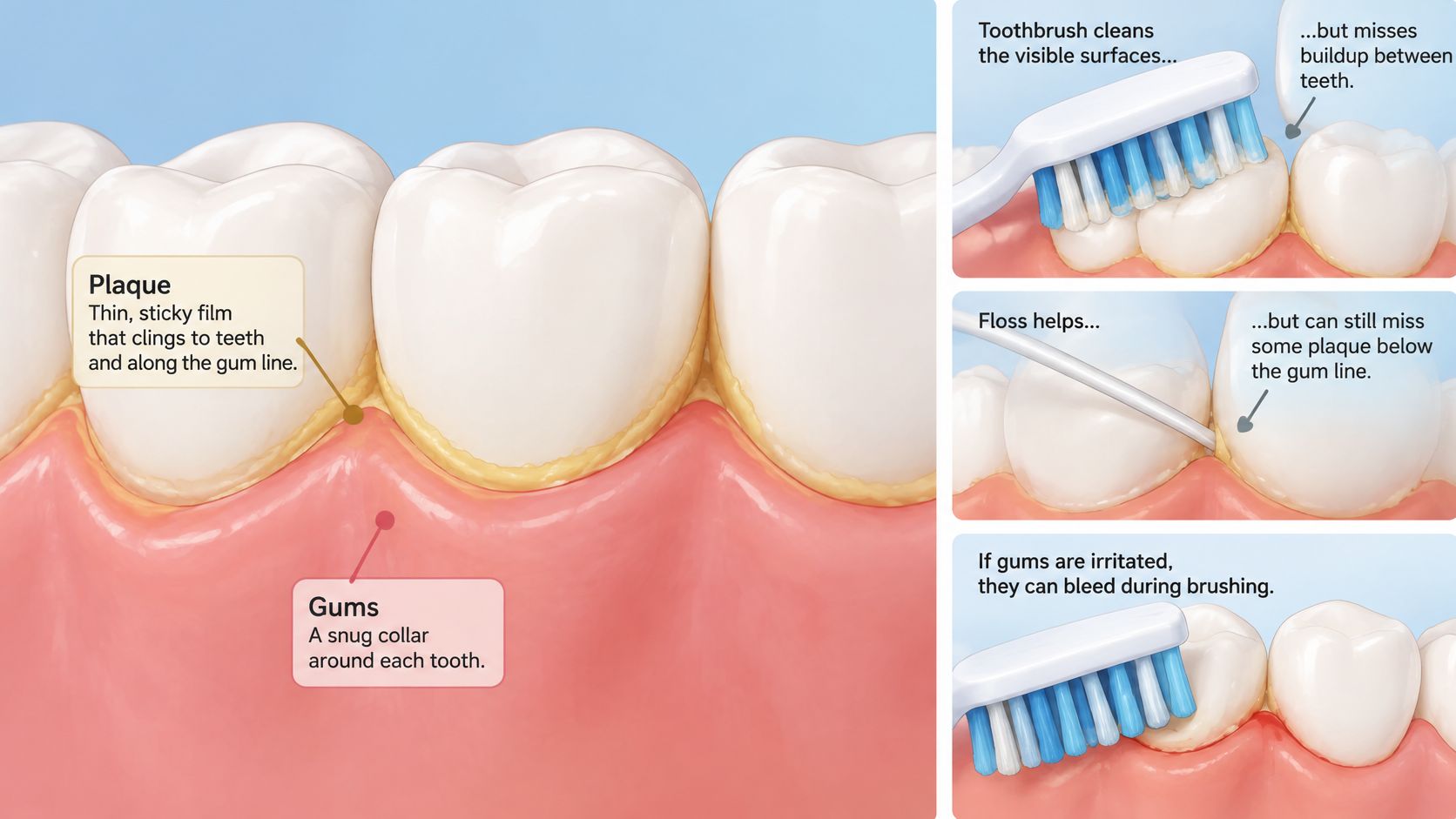 An educational illustration showing how plaque buildup causes gum irritation and bleeding during daily teeth brushing.